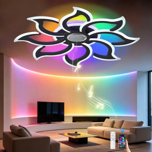 Caufloce Lámpara ge Techo RGB con Altavoz Bluetooth Lampara Techo 90cm Led Regulable Para Dormitorio y Salón con Control Remoto y Función de Memoria Luces de Techo Flor Modernas Con App Negro