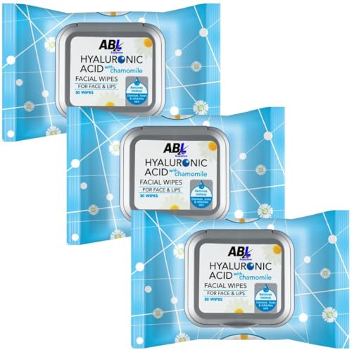 Hyaluronic Acid Facial Wipes 3 x 30 Pack – Chamomile Face Cleansing Wipes for Women – Makeup Remover Wipes for Sensitive Skin – Hydrating, Gentle, 100% Biodegradable, Wet Wipes for Adults