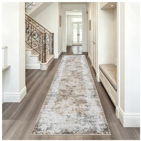 KOMTWNM Waschbare Teppiche 80x240 cm, Kurzflor Teppich Läufer, rutschfest, Weicher Moderner Abstrakter Teppiche für Schlafzimmer, Küche, Wohnzimmer, Beige-Braun