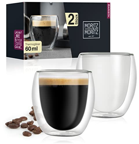 Moritz & Moritz Barista Roma 2 x 60 ml Espressogläser Doppelwandig - Espresso Tassen Set aus Glas für Heiß- und Kaltgetränke - Spülmaschinengeeignet