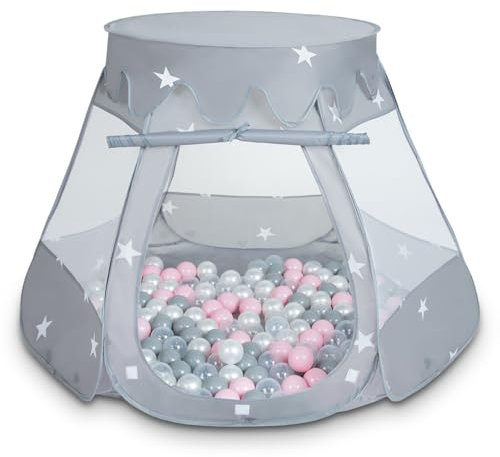 Selonis Tente 105X90cm/300 Balles Château avec Les Balles Plastiques Piscine À Balles pour Enfants, Gris: Perle-Gris-Transparent-Rose Poudré