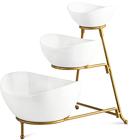 YHOSSEUN 3 Tier Serving Stand Oval Serving Bowl with Metal Rack, Tied Serving Bowls Food Display Dessert Appetizer, Serving Bowl Fruit Chip Dip Bowl Set for Parties, Gold