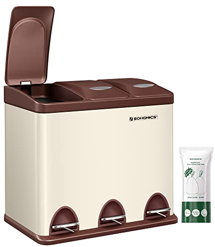 SONGMICS Mülleimer Küche, 3 x 8 L, kleine Kapazität, Mülltrennsystem 3 Fächer, Abfalleimer mit Deckel, Stahl-Treteimer für kleine Familien, Pedale und Inneneimer, cremeweiß-braun LTB024A01