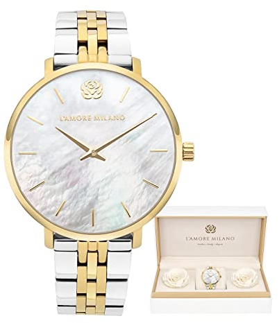 L'AMORE MILANO Damenuhr Rosenbox - Hochwertige Armbanduhr Edelstahl mit luxuriösem Design, wasserdicht 5 ATM - Elegantes Geschenk für Frauen, Freundin, Mutter - 36mm Damen Uhr Bicolor Gold Silber