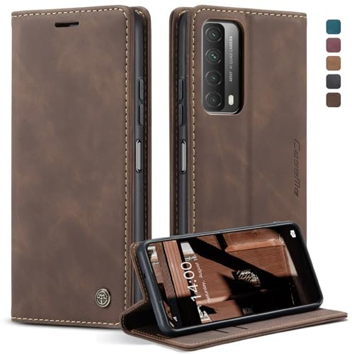 CaseMe Hülle für Huawei Y7A/P smart 2021 Vintage Dünne Handyhülle mit Kartenfach Geld Slot Ständer PU Ledertasche Flip Schutzhülle für Huawei Y7A/P smart 2021- Kaffee Braun