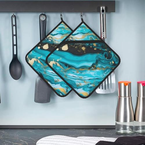 Hitzebeständiger Topflappen 2er Set Küche Topflappen für Mikrowelle Kochen Türkis Blau Gold Marmor Topflappen Ofen Hot Pads Waschbar Topflappen zum Backen Quadratischer Untersetzer für BBQ mit