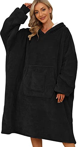 Nadeer Felpa Cappuccio Coperta Grandi Dimensioni Indossabile Sherpa Coperta Cappuccio Accogliente Gigante Ultra Morbido Caldo Tiro Peluche Felpa in Pile per Uomo Donna Adolescenti (Nero)