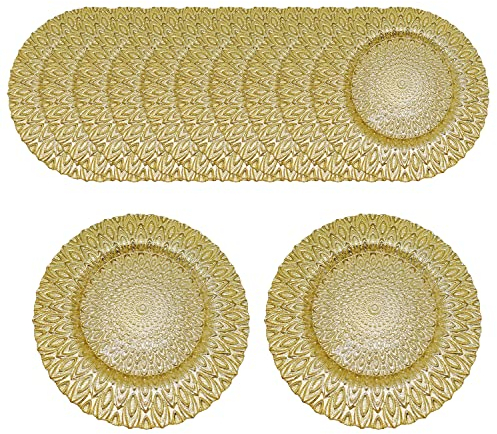 WedDecor 33cm Round Charger Plate, Set of 12 Charger Plates, for Centerpiece Presentation Dinner Plate Set, Weddings, Banquets, Christmas Parties Table Decorations, Gold Peacock Design