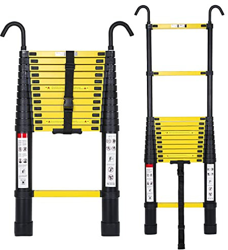 Aluminium Teleskopleiter mit Abnehmbarem Haken, Yakimz 3.8M Ausziehbare Leiter, Rutschfester Aluleiter Stehleiter Mehrzweckleiter, Ausziehleiter Belastung 150 kg, Schwarz Gelb