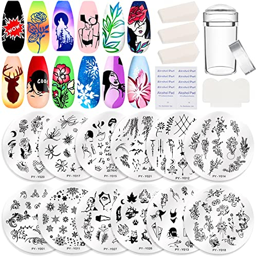 RUIJIE Nail Art Stamping Stempel Set, 12 Stück Nagel Kunst Template Schablonen, Nail Stamping Templates mit Schneeflocken, Stamping Platte für Maniküre Druck, Nail Design, Nagel Transfer Werkzeuge