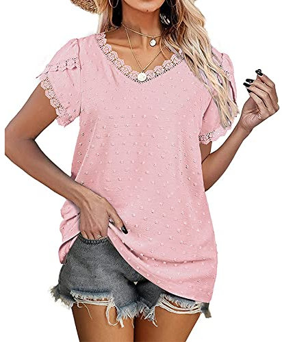 Coloody Femme été pétale Manches Courtes Chemise col en V Haut Crochet Dentelle Tunique Tops Tee Shirt-Rose-S