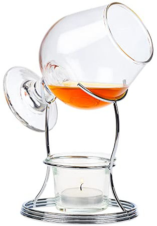 Invero Traditional Brandy and Cognac Snifter Warmer Glass Set - Includes Premium Drinking Glass, Metal Chrome Holder Stand and a Tea Light Candle