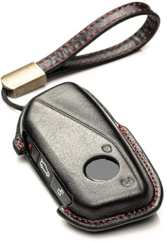 Vitodeco Luxuriöse Premium-Echtleder-Smart-Schlüsselanhänger-Hülle, kompatibel mit BMW X5 2024, BMW X6 2024, BMW X7, BMW X1, BMW 3er, BMW 7er, BMW iX, BMW i4, BMW i7 ab 2023 (4-Tasten, Schwarz/Rot)