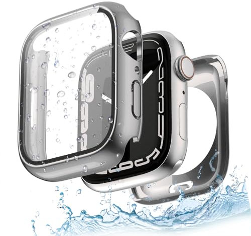 Yolovie (Coque de protection d'écran 2 en 1 étanche compatible avec Apple Watch Series 9/8/7, accessoires de 45 mm, iWatch en verre trempé et pare-chocs arrière pour homme et femme, 45 mm, titane