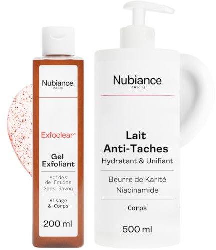 NUBIANCE - Pack Duo Visage & Corps - Lait Corps Anti-Taches & Hyperpigmentation + Exfoclear® Gel Exfoliant Abricot - Soin Peaux Sèches, Mixtes, Grasses - Hydratation, Souplesse, Teint Uniforme