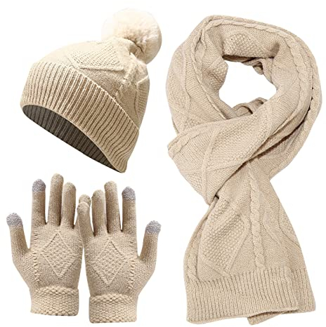 Mütze Schal Set Damen, Elegant Gefüttert Wintermütze Winter Baumwolle Sport Handschuh Halswärmer Rosa Rot Warm Strickmützen Blau Schwarz Mütze Handschuhe Beige XXL Scarf Pink Mützen
