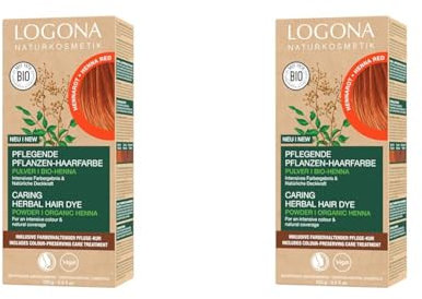 LOGONA Naturkosmetik Pflegende pflanzliche Haarfarbe, Veganes Haarfarbe-Pulver mit Bio-Henna für intensive Farbe und Glanz, Pflanzenhaarfarbe in Hennarot (Rot), 1 x 100g (Packung mit 2)