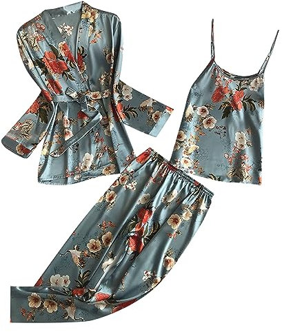Robe de chambre en satin pour femme - Chemise de nuit 3 pièces - Ensemble pyjama en dentelle - Pantalon de pyjama à carreaux - Robe de chambre pour femme - Ensemble sexy - Peignoir imprimé - Lot de 3,