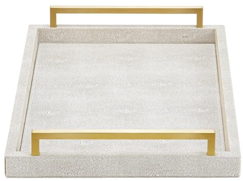 XIGEXIGE Ivory Shagreen Decorative Tray Large Rectangle Coffee Table Tray for Ottoman Faux Leather Serving Tray with Brushed Gold Handles
