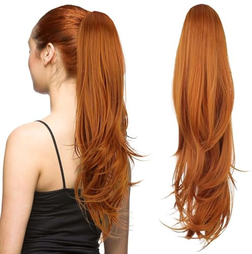 PORSMEER 26 Zoll gerade Pferdeschwanz Haarverlängerung, Kordelzug Pferdeschwanz Haarverlängerungen lange natürliche wellige synthetische Haarteil für Frauen täglichen Gebrauch (Orange)