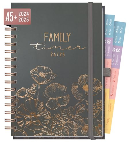 Häfft® Family-Timer Deluxe 2024/2025 A5 Poppy Familienkalender 4 Spalten, Spiral-Buchkalender Familienplaner für 18 Monate: Juli 24 bis Dez 25 - nachhaltig & klimafreundlich