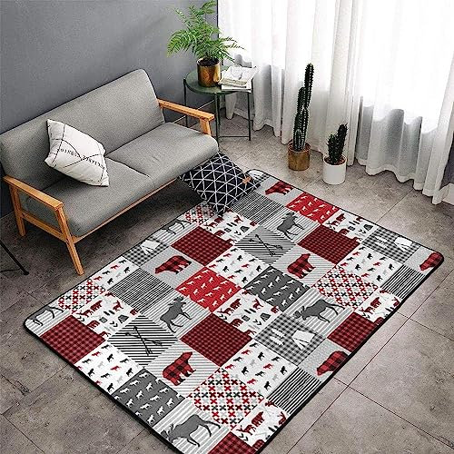 Bauernhoftiere Bär Bergbaum Büffel Kariert Teppich Kinderteppich Wohnzimmerteppich Schlafzimmerteppich 3D-Gedruckter Superweicher Flanellteppich 60 X 90 Cm - Leicht Zu Reinigendes Mit Gummir -5K2F/Z9K
