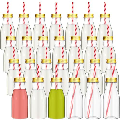 Irenare 40 Sets Plastic Small Bottles with Straws and Metal Lids Clear Plastic for Dairy Milk Party Juices Shakes Smoothies, 40 Bottles and 40 Straws (Gold, 8 oz)