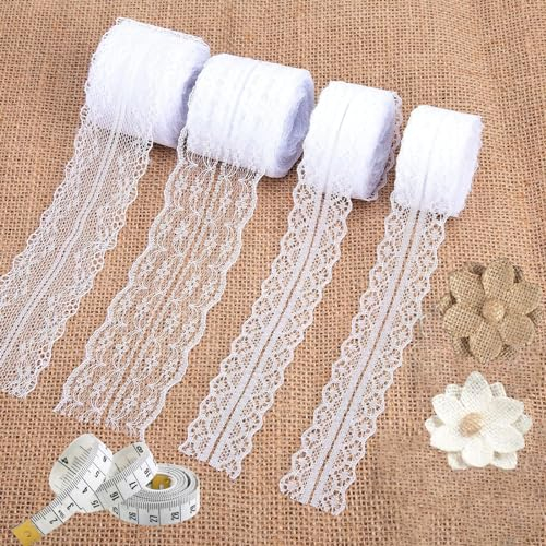 EUDSRODEMY 4 Rolls Spitzenband,Spitzenband Weiß Vintage, Spitze, Spitzenborte Weiß (Gesamtlänge Von 40 M) 2 Spitzen-Blumen Für Hochzeit Tischdeko Basteln Geschenkband Diy Handwerk,Mit 1 Lineal