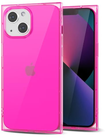 Svanove for iPhone 13 Mini Clear Case Square Rectangle Edge, Transparent Aesthetic Trendy Girly Neon Bright Silicone Rubber Phone Case for Women, Thin Slim TPU Bumper Protective Cover, Hot Pink