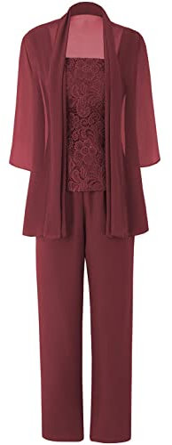 JAEDEN Brautmutter Anzug für Hochzeit - 3 Teilig Chiffon Mutter der Braut Abendanzug Festlich Hosenanzug mit Jacke Burgund 46