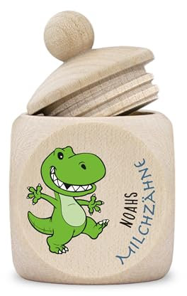 kultdog Zahndose Milchzähne Junge modern Dose Holz personalisiert Druck Name Comic Dinosaurier Rex Dino
