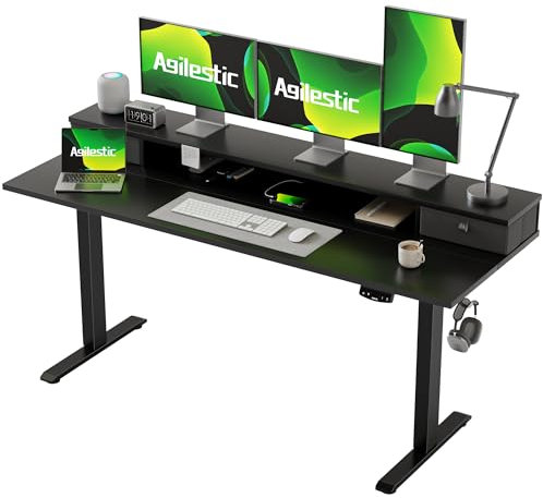 Agilestic Höhenverstellbarer Schreibtisch mit 2 Schubladen, 160 x 60 cm Stabiler Schreibtisch Höhenverstellbar Elektrisch, Ergonomischer Steh-Sitz Tisch Computertisch, Schwarz