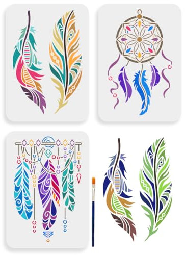 MAYJOYDIY Lot de 3 pochoirs attrape-rêves en forme de plumes 29,7 x 21 cm avec pinceau pour fenêtre, meubles, tissu, toile, projets d'artisanat