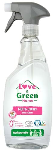 Love & Green Home Spray Nettoyant écologique multi-usages rechargeable et sans parfum - Compatible bébé. Certifié A+ par Air Label et Ecodétergent par Ecocert - 750ml