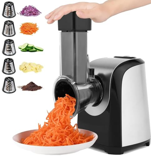COOCHEER Elektrischer Gemüseschneider, Multi Gemüsehobel Küchenreibe Gemüseraspel mit 5 Schneidetrommeln für Gurken, Karotten, Nüsse, perfekt für Haus& Salat Zubereitung, 150W