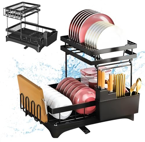 NERIRA®️ Escurreplatos sobre Fregadero | Escurridor de Platos 2 Niveles Desmontable Gran Capacidad | Soporte para Utensilios Extraible y Boquilla de Drenaje Automatico Manteniendo la Encimera Seca