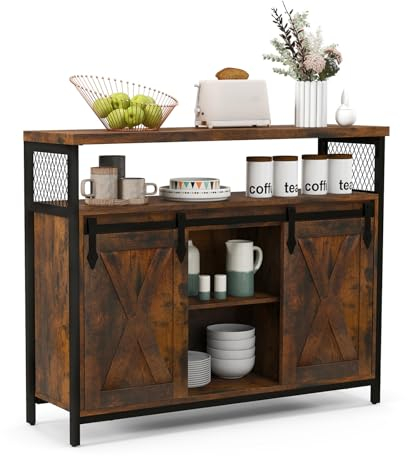 GIANTEX Aparador de Cocina con 2 Puertas Correderas, Armario de Comedor con 3 Estantes Ajustables, Mueble de Almacenemiento de Estilo Rústico para Comedor, Salón, Color Café