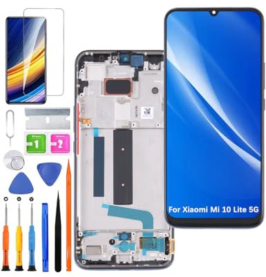 HLYGZX Pantalla de repuesto para Xiaomi Mi 10 Lite 5G LCD TFT M2002J9G M2002J9S XIG01 Display Touch Digitizer Assembly Kit de piezas de reparación (negro con marco)
