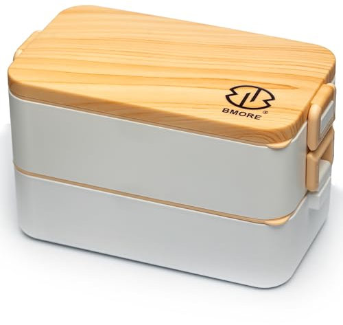 BMORE® Lunch Box,1000ml Bento Box with Stainless Steel Cutlery & Chopsticks, Lunch Box with Compartments, Stackable 2 Layer Food Container for Adults Kids Microwave & Dishwasher Safe (White)