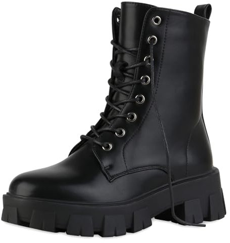 VAN HILL Damen Plateau Boots Blockabsatz Plateau Vorne Trendy Schuhe 216109 Schwarz 37