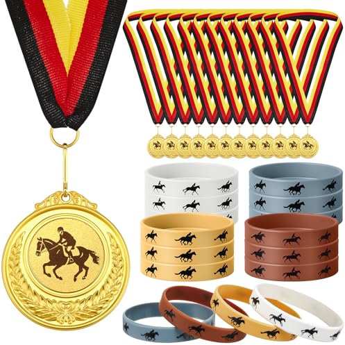 Harrycle 24 Stück Pferde Medaillen mit Deutschlandband für Siegerehrungen Pferde Silikon Armbänder für Geburtstagspartyzubehör Als Geschenk oder Mitgebsel
