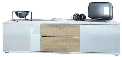 Vladon TV Lowboard Linio V1, Fernsehtisch mit 2 Türen und 2 Schubladen – Weiß/Eiche sägerau (138,5 x 37,5 x 35 cm)
