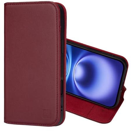 32nd Classic Series 2.0 - Real Leather Book Wallet Flip Case Cover For iPhone 16 (6.1), With RFID Blocking Card Slot, Magnetic Closure and Built In Stand - Burgundy