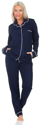 Normann Damen Schlafanzug Pyjama lang in klassischen Style aus Jersey - auch in Übergröße, Farbe:Marine, Größe:48-50