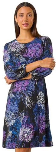 Roman Women Gathered Chest Dress Ladies Stretchy Fit & Flare Swing Tea A Line Skater Knee Length Long Sleeve Midi Smart Casual Work Going Out Cocktail Party - Purple Onyx - Size 14