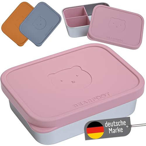 BEARFOOT Edelstahl Kinder Brotdose mit Silikondeckel | BPA-freie Lunchbox | Auslaufsichere Bento Box Kinder | Brotzeitbox für Kindergarten, Schule & Kita | Spülmaschinenfest & robust (Rosa, 700ml)