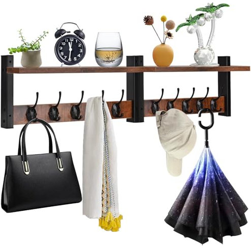 Pangutiandi Vintage Wall-Mounted Shelf with 5 Double Hooks – Set of 2 Decorative Coat Racks, Entryway Storage Organizer for Coats, Bags & Home Decor