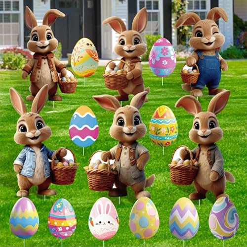 MaxEarn 16 Stück Osterhasen Gartenstecker, 2D Ostern Ostereier Werbeschilder, Hof Schild Ostern Deko Outdoor, 2026 Frühlingsdeko Osterhasen für Garten, Rasen, Yard Dekoration