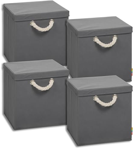 Storanda | 4er Set Aufbewahrungsbox mit Deckel | Kordel Griffband | Stabile & Faltbare Boxen | Regalboxen für Würfelregal Kallax | Ideal für Zuhause & Kinderzimmer | 31x31x30 cm | Anthrazit