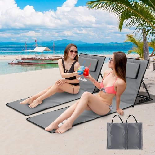 ISOISL 2er Strandliege Klappbar Leicht Strandmatte mit Rückenlehne,Sonnenliege ohne Beine mit Staufach,Tragbar Sonnenmatte inkl.Tasche für Strand Garten,Campingm,Park L158cm,Grau